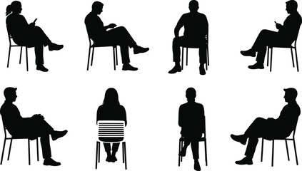 Silhouettes of men and women sitting on chairs, relaxed seated people using smartphones, various poses, side and back views