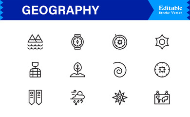Geography Essentials — Professional Line Icon Set Featuring Minimal, Modern, Pixel-Perfect Editable Symbols for Educational and Cartography Themes
