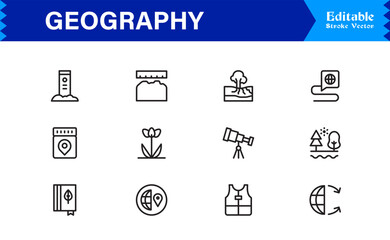 Geography Essentials — Professional Line Icon Set Featuring Minimal, Modern, Pixel-Perfect Editable Symbols for Educational and Cartography Themes