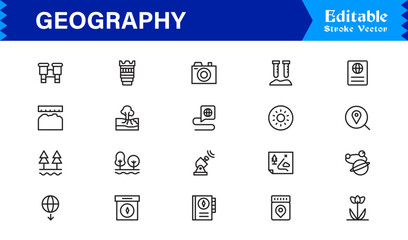 Geography Essentials — Professional Line Icon Set Featuring Minimal, Modern, Pixel-Perfect Editable Symbols for Educational and Cartography Themes