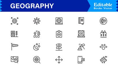 Geography Essentials — Professional Line Icon Set Featuring Minimal, Modern, Pixel-Perfect Editable Symbols for Educational and Cartography Themes