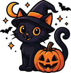 Fototapeta premium Halloween cat with pumpkin flat vector icon illustration for sticker, logo, book, t-shirt and more print or digital design