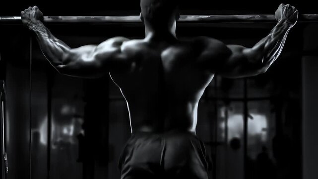 Man performing pull-ups in dark gym