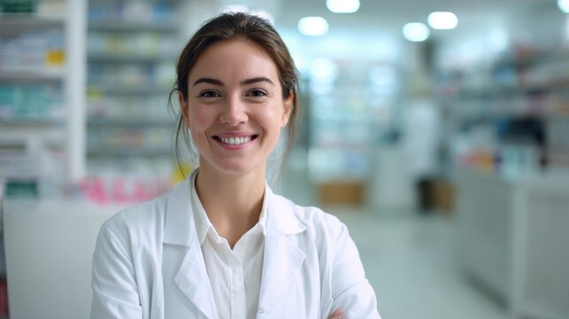 Confident smiling female pharmacist wearing lab coat in modern pharmacy setting, ready to assist