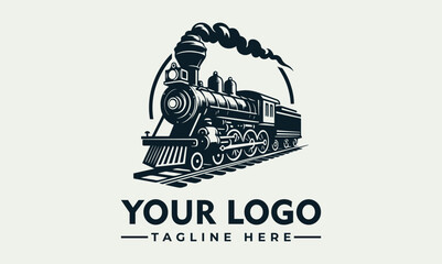 Vintage steam locomotive logo design, classic train emblem, dark blue monochrome style.
