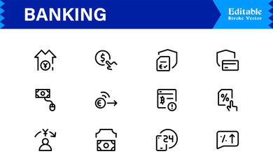 Banking Solutions Elevate Digital Brands — Professional Modern Minimal line icon set featuring credit cards, payments, currency, ATMs, investment, security