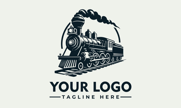 Vintage steam locomotive logo design, classic train emblem, dark blue monochrome style.