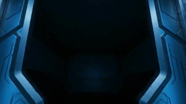 Octagonal doorway with blue lighting and metal panels The doorway leads into a dark void