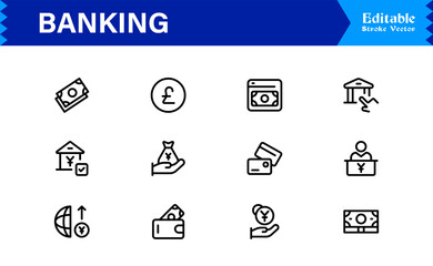 Fototapeta premium Banking Solutions Elevate Digital Brands — Professional Modern Minimal line icon set featuring credit cards, payments, currency, ATMs, investment, security