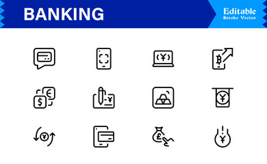 Banking Solutions Elevate Digital Brands — Professional Modern Minimal line icon set featuring credit cards, payments, currency, ATMs, investment, security