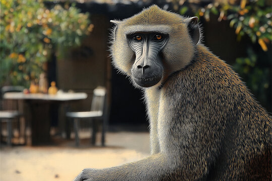 Portrait of a thoughtful baboon in a natural habitat with soft focus background - Powered by Adobe