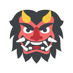 Illustration of a red oni mask with yellow horns and sharp white teeth on a white background