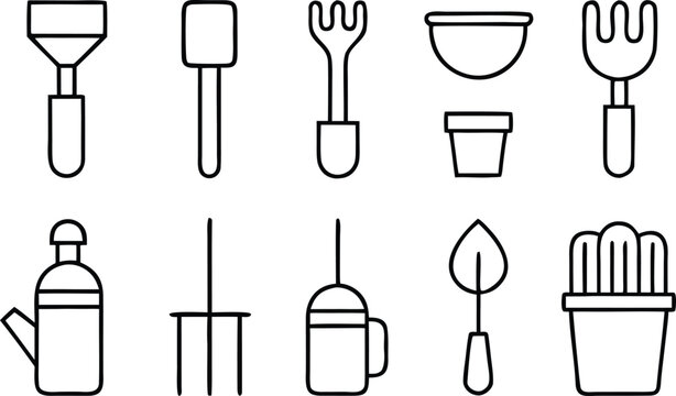 Collection of simple line drawing gardening tools and accessories for planting and cultivation