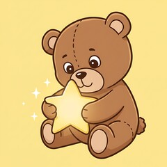 Obraz premium Teddy Bear Cuddling Yellow Star Cartoon Illustration