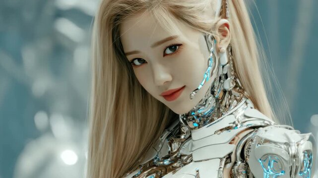 Futuristic female asian robot metallic features and humanoid elements, technology artistry. Innovation, robotics, AI artificial intelligence. Tech, science fiction, modern design. Robo girl. Woman bot
