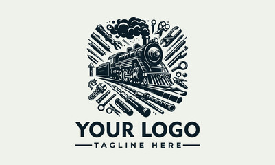 Vintage steam locomotive logo encircled by various tools, symbolizing industrial strength and craftsmanship. © nuaari