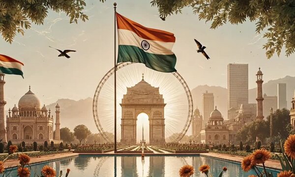 Majestic India landscape showcasing national flag, India Gate, Taj Mahal and skyline