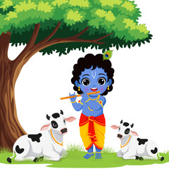 Fototapeta premium Cute Cartoon Illustration of Little Krishna Playing Flute with Cows Under Tree. Janmashtami Festival Illustration