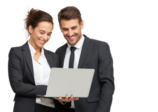 Two business people looking at a laptop and pointing to it, smiling, against a transparent background