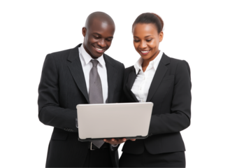 Two business people looking at a laptop and pointing to it, smiling, against a transparent background
