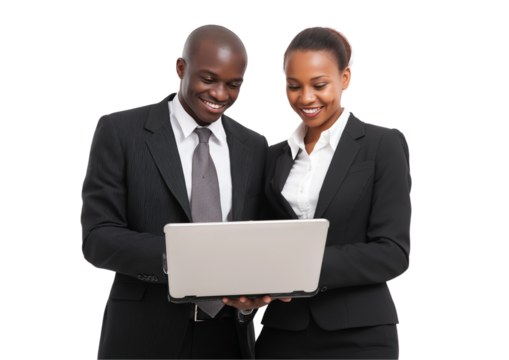 Two business people looking at a laptop and pointing to it, smiling, against a transparent background