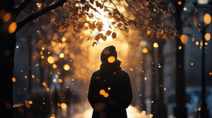 A Women walk in a serene autumn setting, surrounded by falling leaves