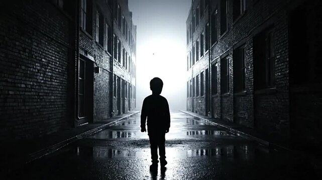 Silhouette of child walking down narrow dark wet alley between brick buildings toward bright light