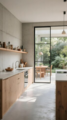 Fototapeta premium Minimalist kitchen with wood cabinets, concrete wall, and natural light. 