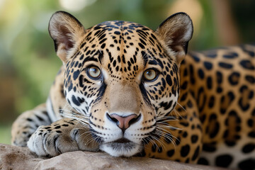 Obraz premium Majestic Jaguar in the Wildlife: Spotted Predator of the Jungle with Captivating Eyes and Fur