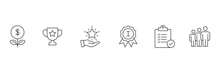 Success and Growth Editable Icons set. Set of outline icons related to progress, career, growth, profit and others. Success outline icons collection. Vector illustration.
