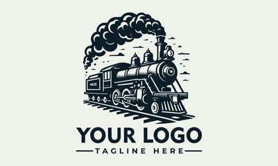 Obraz premium Vintage steam locomotive logo design, emitting smoke, on railroad tracks, with 
