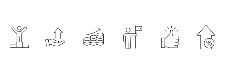 Success and Growth Editable Icons set. Set of outline icons related to progress, career, growth, profit and others. Success outline icons collection. Vector illustration.