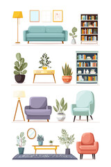 Flat Vector Home Interior Set with Furniture and Plants
