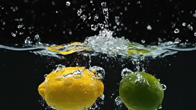 Splashing water as a lemon and lime simultaneously plunge into water against a stark black background