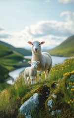 Fototapeta premium Sheep and lamb grazing in a scenic pasture with rolling hills and river, surrounded by nature