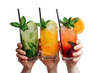 Three hands holding drinks clinking glasses, isolated on a transparent background