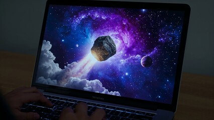 Laptop showing a world map with a digital globe and space elements in the background, Generative AI