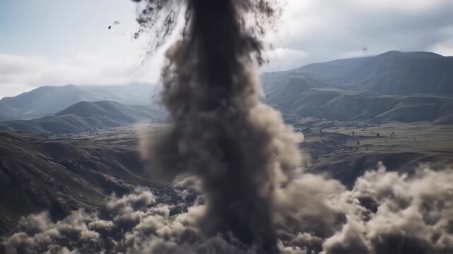 Aerial demolition explosion in rocky terrain