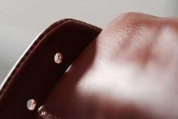 Closeup detail shot of brown leather sneaker