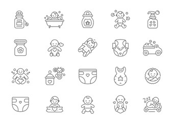 vector icon set of baby supplies and clothing