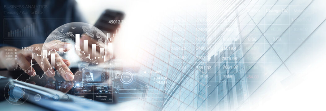 Business, finance and investment background. Finance analyst analyzing digital marketing financial report, sale growth with stock market graph, business planning and market research