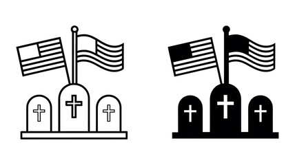 Fototapeta premium American flag, graves, crosses, memorial, solemn, remembrance, vector, icon, line art, black and white, minimalist, patriotic, grief, loss, tribute.