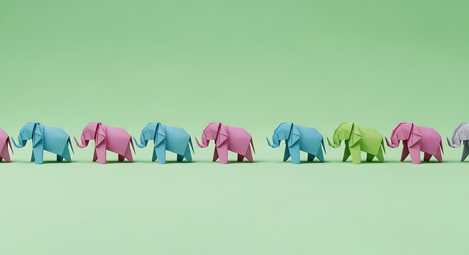 A unique green origami elephant standing out from a row of pink and blue paper animals. A concept of individuality and leadership.
