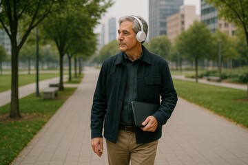 middle aged man walking alone through city park holding tablet in calm daylight, concept of active aging, brain routine, healthy lifestyle