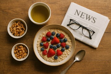 brain healthy breakfast with oatmeal berries and tea on rustic wooden table, top down horizontal view, concept of cognitive nutrition, wellness lifestyle, food awareness