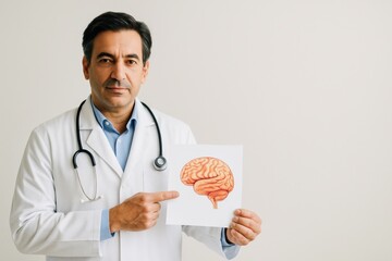 male doctor holding brain diagram and explaining while looking at camera against white background with copyspace, concept of awareness, cognitive education, alzheimer prevention