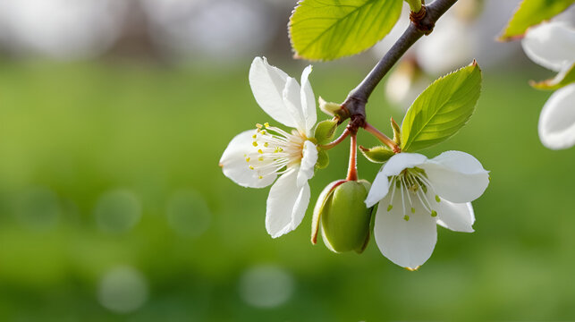 New winter buds of a cherry tree prunus avium with green sepals and white petals sprouting in German orchard in spring. Close-up macro shot with background blur and copy space, horizontal format