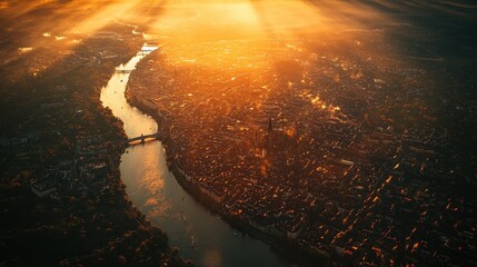 Aerial view of a city at sunset,Heidelberg city in Germany, at the Neckar