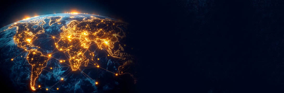 A stunning digital global map of the world at night, with a subtle glow of interconnected light representing advanced technology across the planet Earth. Perfect for a banner with ample copy space