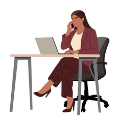 Businesswoman in a burgundy suit sitting at a desk, working on a laptop and talking on a mobile phone. Professional office scene, Flat vector illustration isolated on transparent background